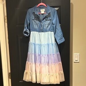Girls Denim Bodice Tiered Pastel Tulle Dress